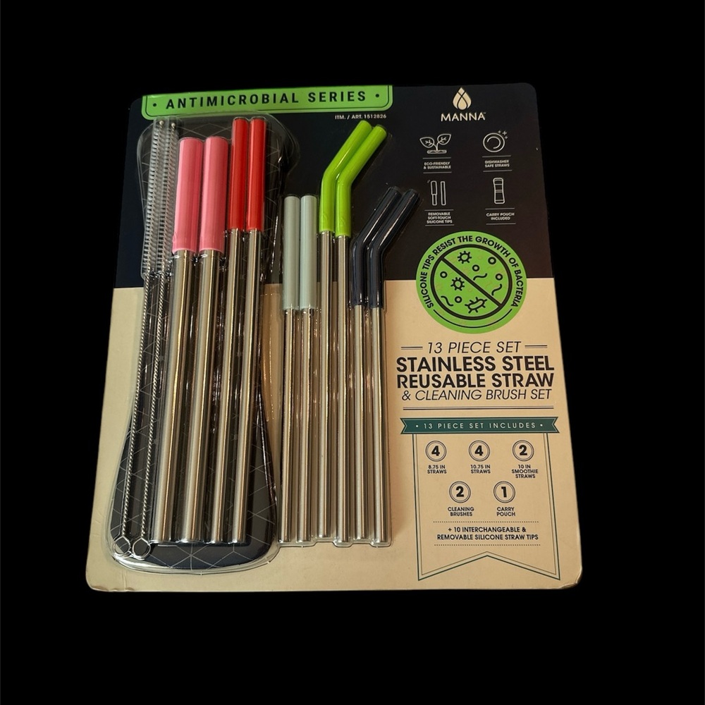 New Manna 13 Piece Stainless steel‎ Reusable Straw  and cleaning brush set